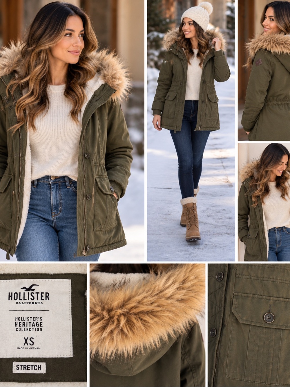 Hollister Olive Green Faux-Fur Trim Parka Jacket